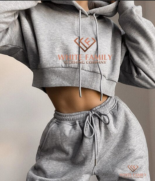 WF Women Two Piece Set Solid Hoodies Sweatshirt Pantsuits Crop Top and Pants Jogger