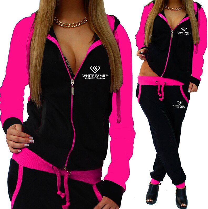 WF Women 2 Piece Set Zipper Sweatshirt and Pants Suit Hooded Set