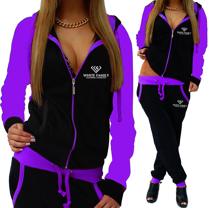 WF Women 2 Piece Set Zipper Sweatshirt and Pants Suit Hooded Set