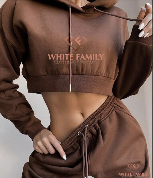 WF Women Two Piece Set Solid Hoodies Sweatshirt Pantsuits Crop Top and Pants Jogger