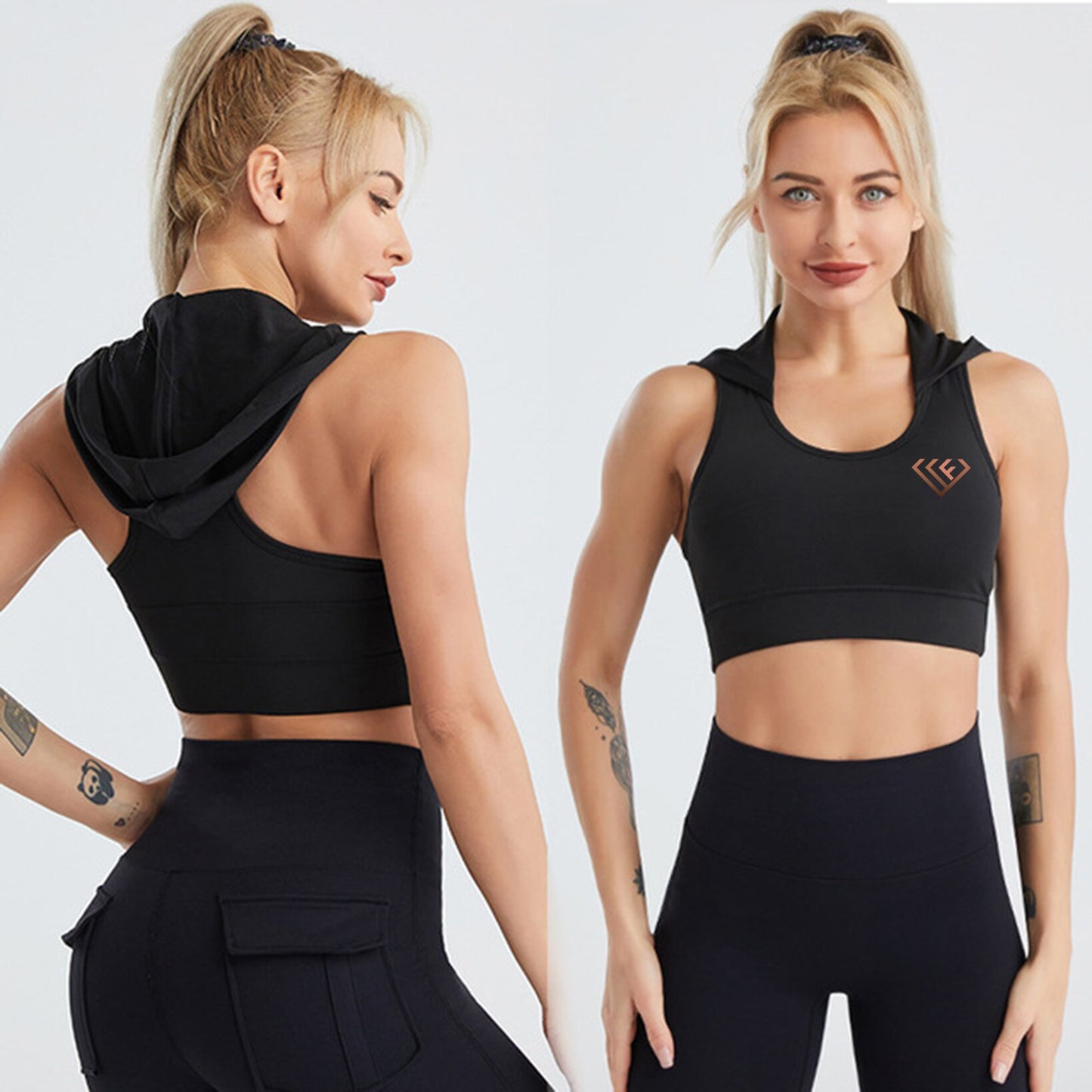 WF Hooded Sports Bra Sleeveless U-Neck Padded Crop Top Yoga Hoodie Quick Dry Running Vest