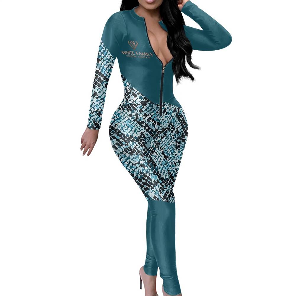 WF Women Jumpsuit Snake Skin Pattern Sexy V Neck Sleeve Bodycon Long Jumpsuit Romper Clubwear