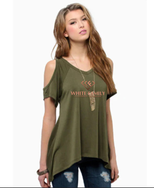 WF Oversized 4XL 5XL European Western T shirt Off Shoulder Irregular Female V Neck Tops