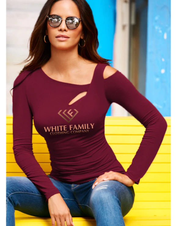 WF Slim Hallow Out Off Shoulder printed Long Sleeve T-shirt